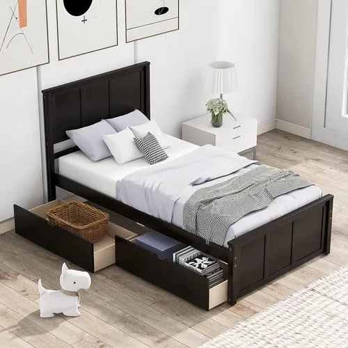 Miniatura 16 de Harper & Bright Designs Marco de cama de plataforma de bambú de tamaño matrimonial, cama de plataforma de madera de bajo perfil con cabecero, sin
