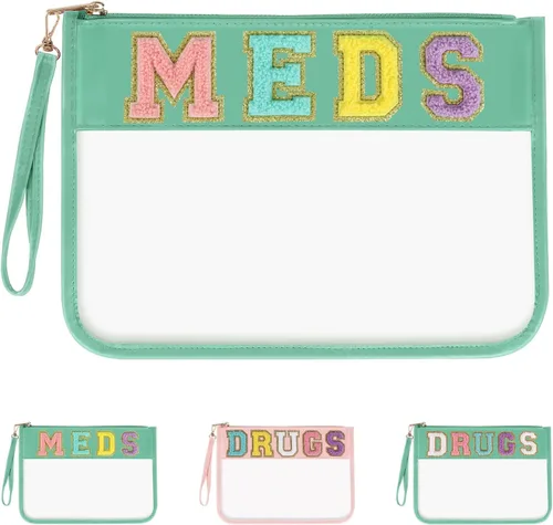 Miniatura 8 de Iqimott Bolsa de parche de felpilla con letras MEDS transparente, bolsa de maquillaje portátil de preparación para mujeres y niñas, viajes, bolsa