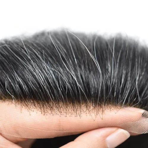 Miniatura 50 de Toupee para hombres, sistema de reemplazo de cabello humano Remy, nudos blanqueados, encaje frontal, piel fina, para hombre, color gris, pelucas