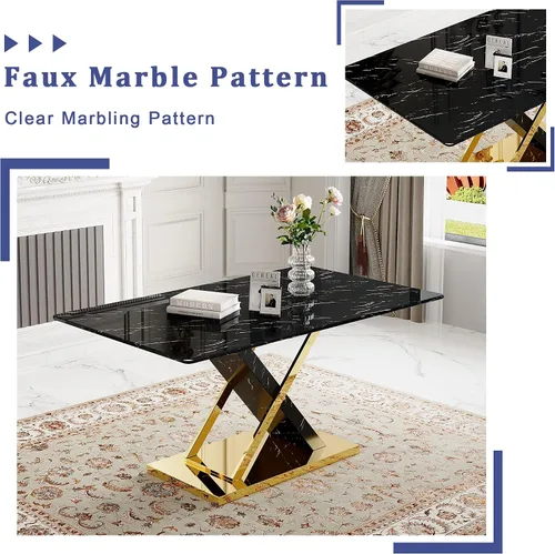 Miniatura 3 de YUNDREAM - Juego de mesa de comedor moderna de mármol para 4, mesa de comedor de oro negro de 63 pulgadas con marco cromado en forma de X y sillas