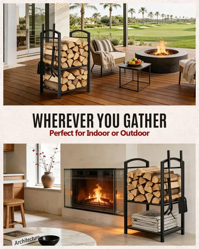 Miniatura 7 de Breeze Touch Estante de leña de 29 pulgadas con 4 herramientas para chimenea, soporte de troncos resistente de 5 piezas para chimenea