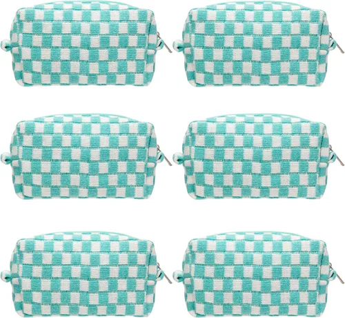 Miniatura 75 de PAZIMIIK Bolsa de Maquillaje a Cuadros para Bolso Portátil con Cremallera, Estuche Pequeño de Cosméticos para Accesorios de Viaje, Azul Ártico