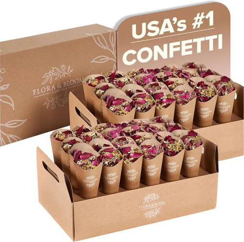 Flora & Bloom Confeti biodegradable con conos preconstruidos | Flores secas (6 litros) | Kit de confeti de boda | Conos abiertos y bandeja | Jazmín,