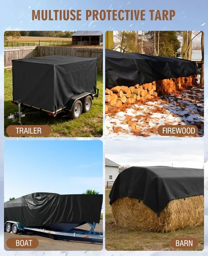 Miniatura 6 de HIRALIY Lona impermeable resistente de 20 mil, lona negra de 7 x 12 pies con bucles de cincha reforzados, lona de tela Oxford multiusos para leña