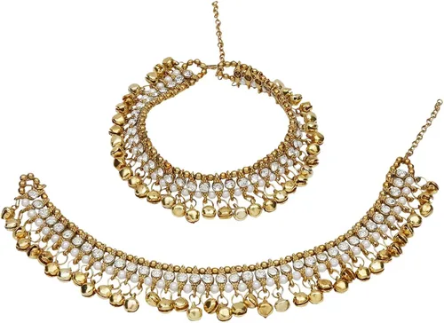 Efulgenz Indian Bollywood Faux Kundan Pearl Wedding Bridal Anklet Pair with Bells Bracelet Payal Foot Jewelry