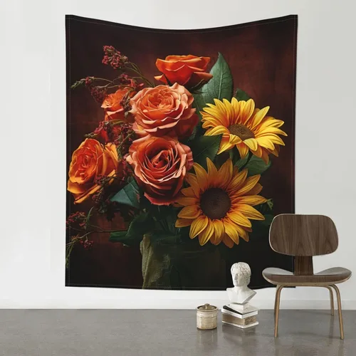 Miniatura 5 de Dwrepo Tapiz con estampado de girasoles y rosas, colorido y moderno para colgar en la pared, divertidos tapices de pared para decoración del hogar