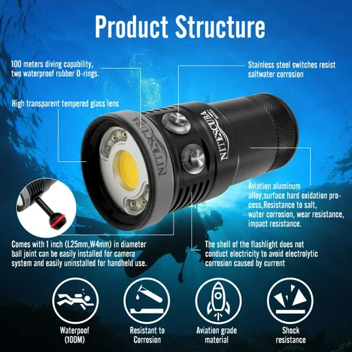 Miniatura 5 de Nitescuba NSS60 Buceo Luz Subacuática Video Luz 6000 Lumen Linterna Impermeable para 100m/330ft CRI=90 Fotografía Subacuática, que se conecta a