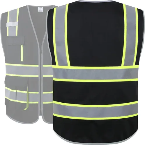 Miniatura 2 de JKSafety Chaleco de seguridad negro de alta visibilidad con 7 bolsillos para hombres y mujeres, cremallera frontal con tiras reflectantes de alta