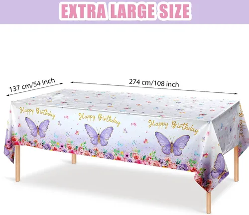 Miniatura 2 de Tegeme Mantel rectangular con diseño de mariposas y feliz cumpleaños, decoración de fiesta de mariposa, mantel de plástico con temática de primavera