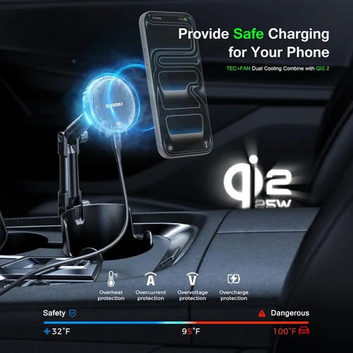 Miniatura 6 de Cargador de coche inalámbrico rápido Qi2 de 25 W con ventilador de enfriamiento, soporte para teléfono con brazo largo ajustable, soporte magnético