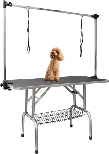 ROOMTEC Mesa de aseo para perros de 36", estación plegable de baño para mascotas con brazo de altura ajustable/lazo/bandeja de malla