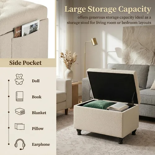 Miniatura 4 de Otomana rectangular de 24 pulgadas, color beige con almacenamiento para sala de estar Upholstered Fabric Shoe Bench and Footrest with Safety Hinge