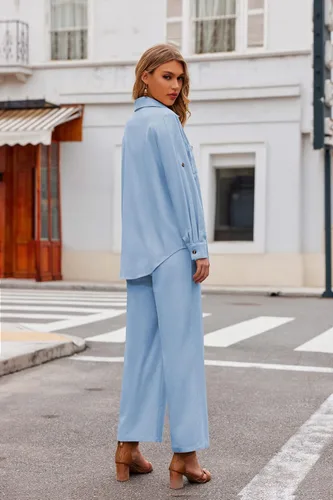 Miniatura 6 de Zeagoo Conjunto de 2 piezas de lino para mujer, camisa con botones y pantalones largos con cordón, conjuntos de verano