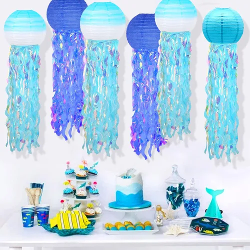 Miniatura 3 de 6 paquetes de linternas de papel de medusa con deseos de sirena colgantes, tema de cielo azul degradado y océano azul, suministros de fiesta