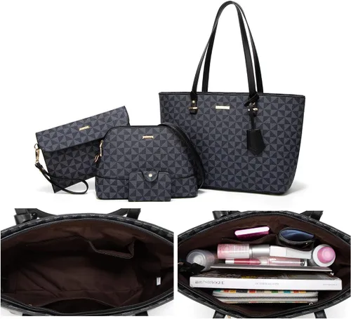 Miniatura 124 de Juego de 4 bolsas modernos para mujer de cuero sintético: bolso tote, bolso de hombro, bolso de mano y cartera.