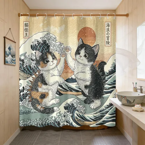 Miniatura 15 de Juego de cortinas de ducha relajadas con diseño de ondas de arte japonés impermeable, cortina de ducha para baño, divertida escena de vacaciones