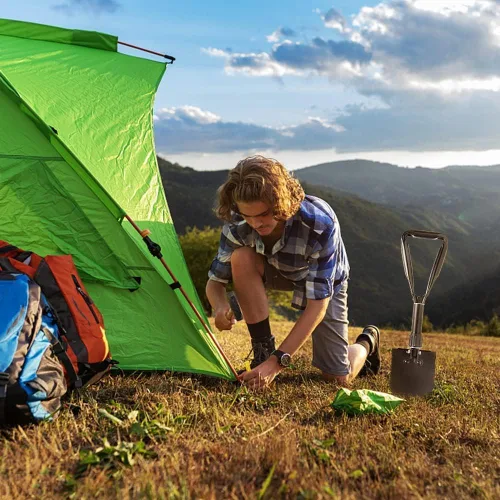 Miniatura 8 de Pala de excavación, 18.5 pulgadas, ligera, para acampar, portátil, de acero de alto carbono, plegable, mini palas para acampar al aire libre, Negro