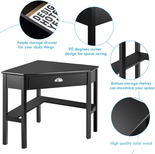 Miniatura 3 de RELAX4LIFE Escritorio esquinero para computadora triangular con cajón y estantes, mesa estable para computadora portátil, escritorio para oficina