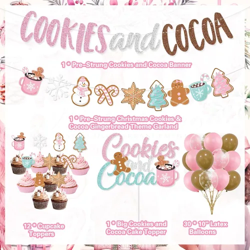 Miniatura 2 de Decoraciones de fiesta de galletas y cacao, banner de galletas rosas y cacao, banner navideño de hombre de jengibre, globos para adorno de pastel