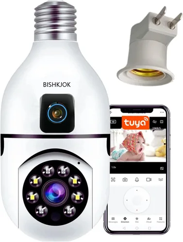 TUYA Cámara de seguridad con bombilla de doble lente de 6 MP, cámara WiFi panorámica/inclinación de 360° para interiores con seguimiento automático,