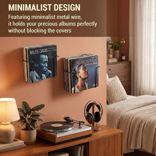 Miniatura 2 de MyGift Paquete de 2 soportes de vinilo para montaje en pared, estante flotante para discos de vinilo, estantes de exhibición de pared de metal negro