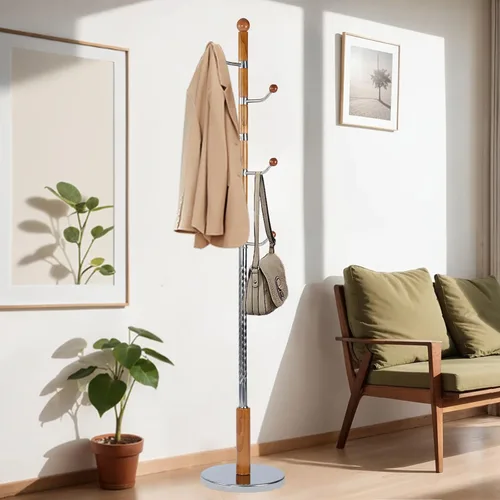 Miniatura 12 de Perchero de madera de 73 pulgadas, perchero independiente con base redonda estable, altura ajustable, para el hogar, dormitorio, oficina, pasillo