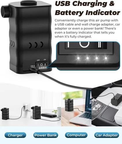 Miniatura 5 de Dr.meter Bomba de aire portátil para inflables, bomba de colchón de aire recargable de 6000 mAh, inflador de aire eléctrico de llenado rápido