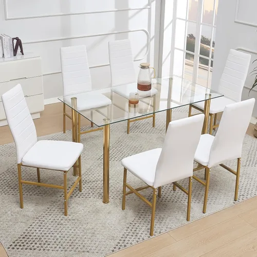 Miniatura 10 de Juego de comedor de cristal de 5 piezas dorado para 4, mesa de cocina rectangular con 4 sillas de piel sintética, juego de mesa de comedor compacto