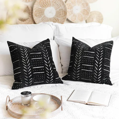 BlissBlush juego de 2 fundas de cojín decorativas de 18 x 18 pulgadas, color negro, funda bohemia rústica para cojines, funda acogedora y suave para
