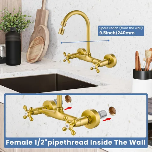 Miniatura 2 de Airuida Grifo de cocina de montaje en pared con rociador, grifo de fregadero de cocina montado en la pared, asas dobles cruzadas, boquilla giratoria
