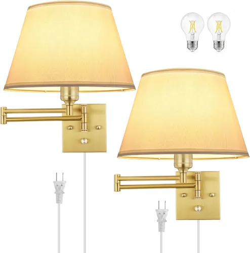 TRLIFE - Apliques de pared regulables enchufables, juego de 2 apliques de pared de latón cepillado con brazo oscilante con cable de enchufe y Dorado