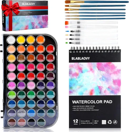 Blablaovy Pintura de acuarela, juego de pintura lavable de 48 colores, 6 pinceles, 6 bolígrafos de agua recargables, almohadilla de dibujo, paleta,