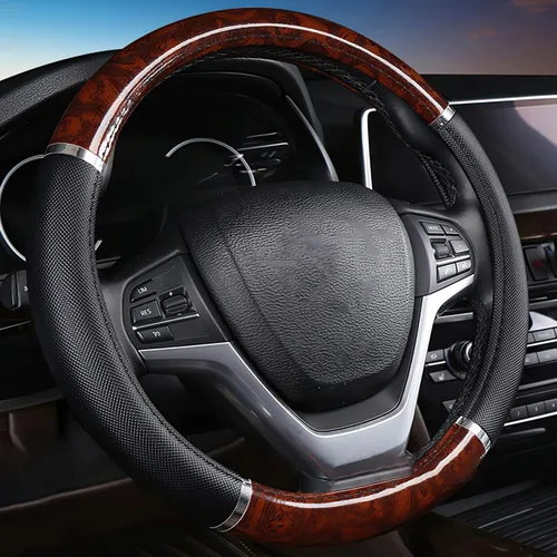 Funda de cuero para volante con textura de grano de madera, protector elástico de volante para coche y SUV, universal de 38 cm, antideslizante,