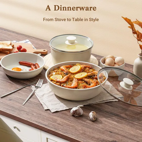 Miniatura 7 de SODAY Juego de 15 piezas de ollas y sartenes antiadherentes, juegos de utensilios de cocina con mango desmontable, herramientas de cocina RV Blanco