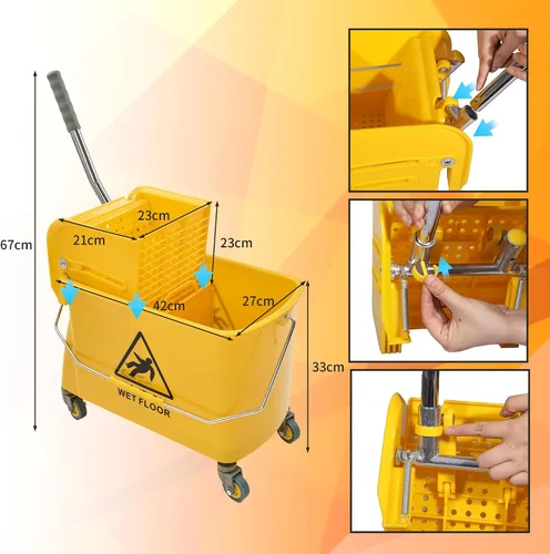Miniatura 2 de Cubo de fregona con escurridor, 22 cuartos (5.5 galones), limpieza de pisos, mango, ruedas, 16.5" L x 10.6" A x 26.4" Al, amarillo, más una fregona