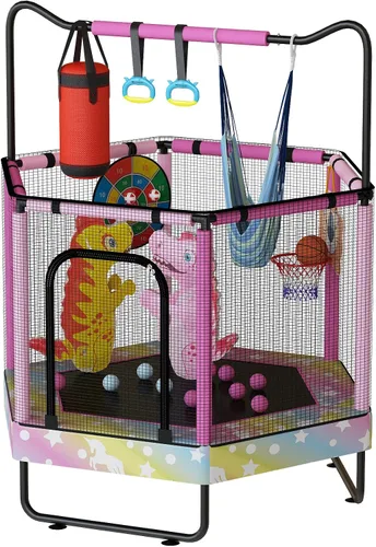 Miniatura 10 de Lamerge Kids Trampoline, Toddler Bouncing Trampoline with Safety Enclosure Net, ASTM-Approved, 500lbs Capacity, Ages 1-8, Adjustable Handrail