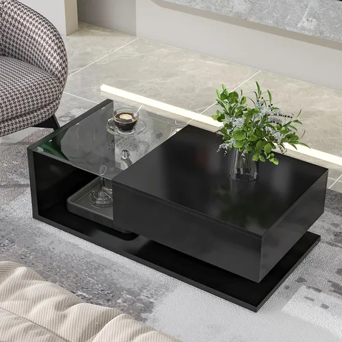 Miniatura 3 de LUMISOL Mesa auxiliar rectangular de 2 niveles con vidrio templado, moderna mesa de cóctel con superficie UV de alto brillo, mesa central de diseño