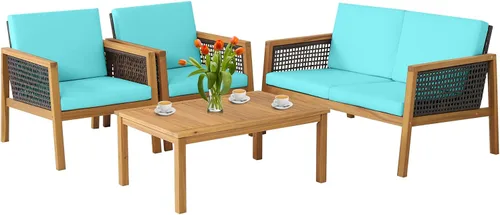 Miniatura 11 de COSTWAY Juego de muebles de mimbre para patio, sofá de mimbre para exteriores con marco de madera de acacia, mesa auxiliar y cojines