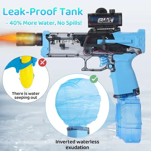 Miniatura 4 de Lanzador de agua eléctrico con boquilla de llama LED, tanque de gran capacidad de 16.9 fl oz, rango de disparo de 32 pies, juguete de batalla al Azul