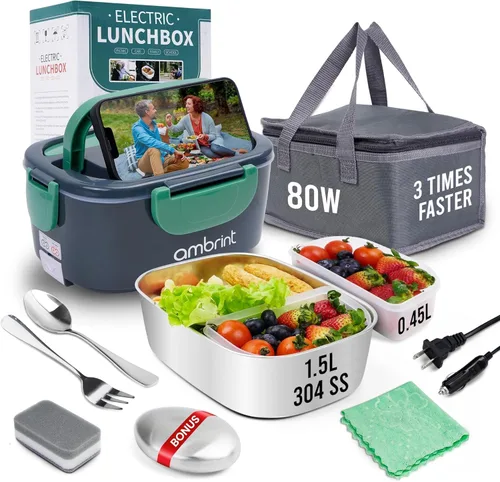 Miniatura 7 de Fiambrera eléctrica de 80 W para adultos – Lonchera térmica y calentador de alimentos portátil con recipiente de acero inoxidable de 1.5 L Gris