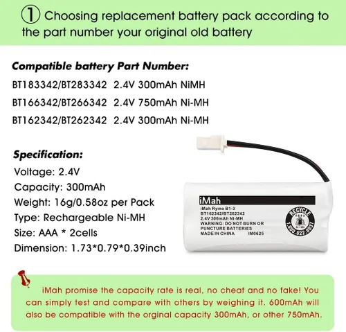 Miniatura 4 de iMah BT162342 BT262342 Baterías inalámbricas para teléfono compatibles con BT183342 BT283342 BT166342 BT266342 VTech CS6114 CS6419 CS6719 AT&T