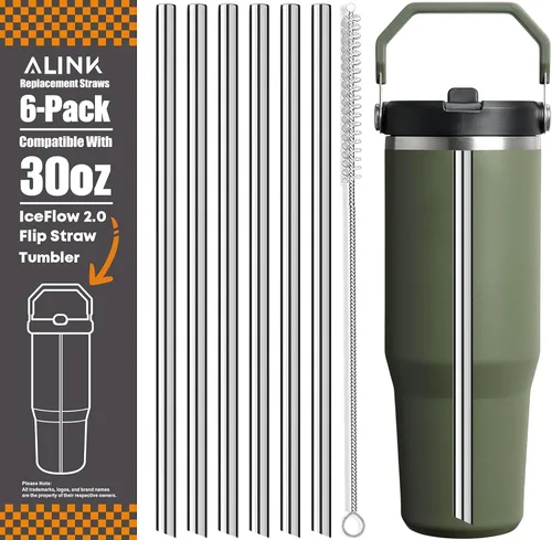 Miniatura 10 de ALINK - Paquete de 6 popotes de acero inoxidable compatibles con el vaso Stanley Iceflow de 20 onzas con tapa abatible, popotes metálicos
