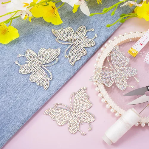 Miniatura 6 de 4 parches de mariposa con diamantes de imitación, para coser/planchar en apliques de mariposas con cuentas, parche de reparación de ropa brillante