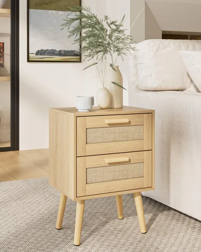 Miniatura 8 de Masupu Mesita de noche de ratán, moderna mesita de noche bohemia con 2 cajones, mesa auxiliar pequeña para dormitorio, sala de estar, oficina
