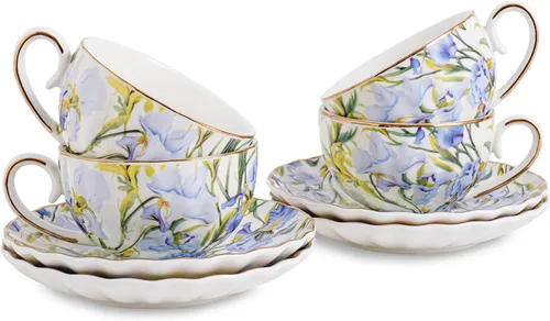 Miniatura 11 de Agyiuns Taza de té y platillos, tazas de té floral de 6.4 onzas con borde dorado, taza de té de porcelana, tazas de café capuchino espresso con Azul