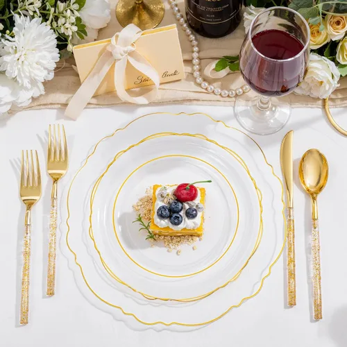 Miniatura 4 de Liacere 150 platos de plástico dorado transparente, cubiertos de plástico desechables con mango de bambú con purpurina, platos desechables barrocos