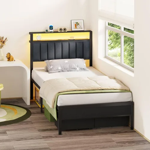 Miniatura 4 de Furnulem Bases de Cama Individual con Estación de Carga y Luces LED, Cabecero Tapizado Gris con Estantes, Cama de Plataforma de Metal con 2