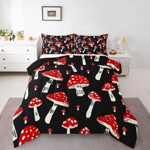 Miniatura 19 de Feelyou Lindo juego de ropa de cama de hongos kawaii tamaño individual para niños y niñas, decoración de hongos salvajes, juego de edredón