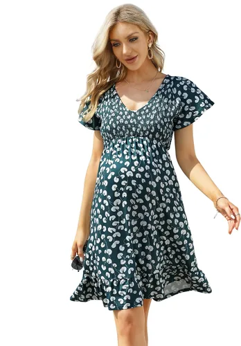 Coolmee Vestido de maternidad de manga corta con volantes y cuello en V para mujer, vestido de verano casual fruncido fluido para baby shower,