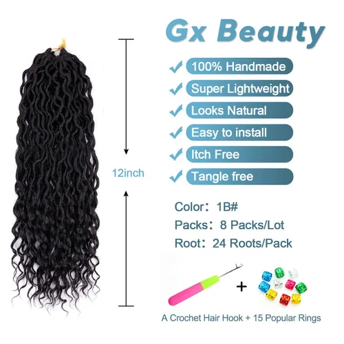 Miniatura 2 de Goddess Locs - 8 paquetes de 12 pulgadas de cabello rizado sintético de ganchillo para mujeres negras, cabello rizado pre-enlazado, extensiones de 1b